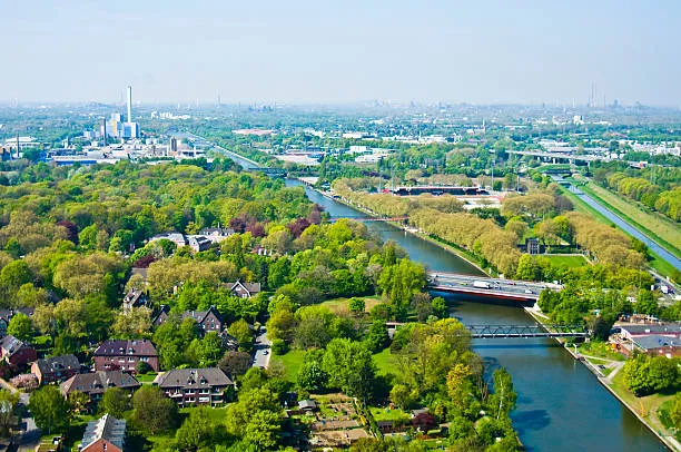 scenic aerial view of rhine herne canal and emscher